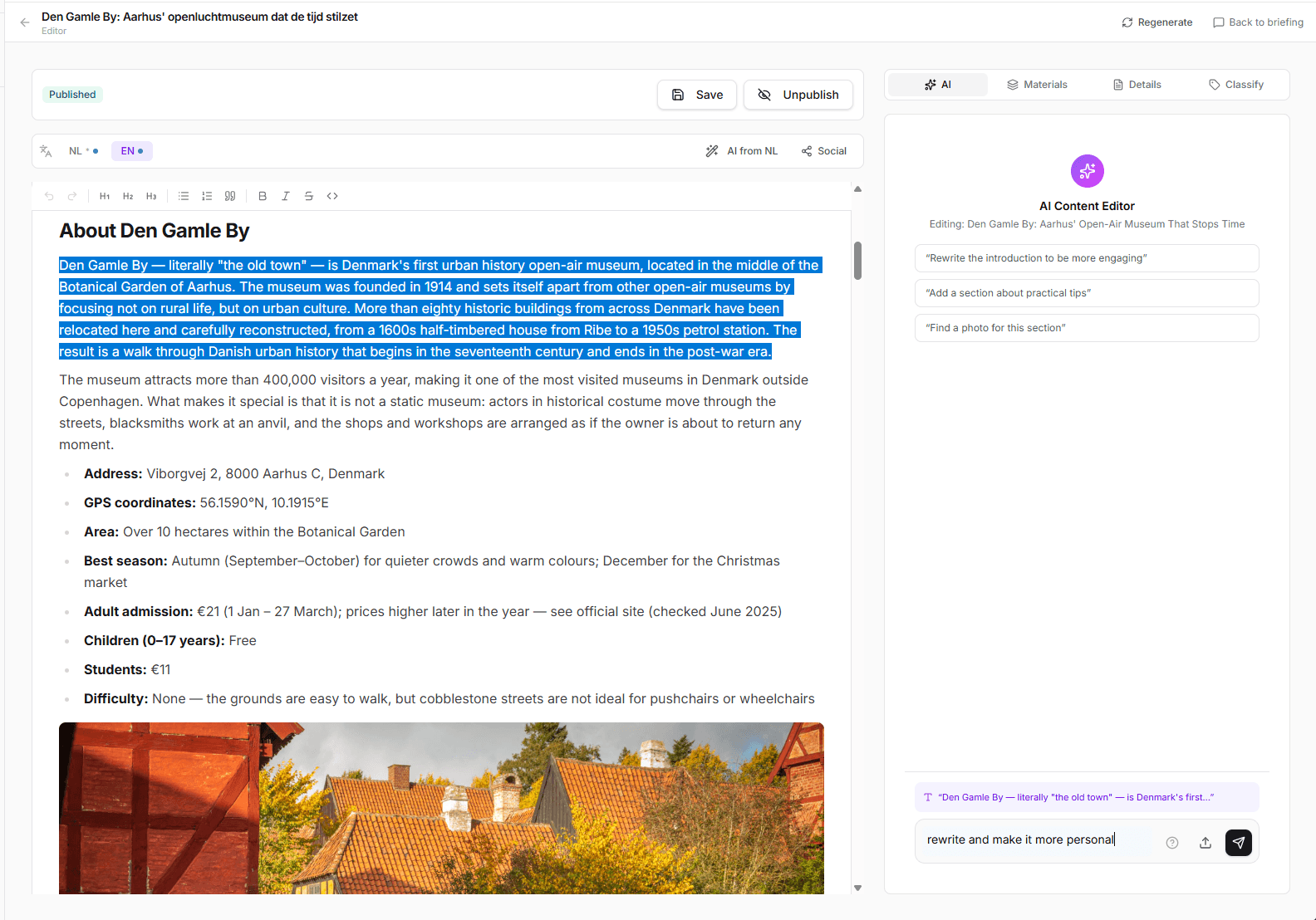 The editor with a selected passage on the left and the AI editor panel on the right, where you give the AI an instruction to rewrite the selection.