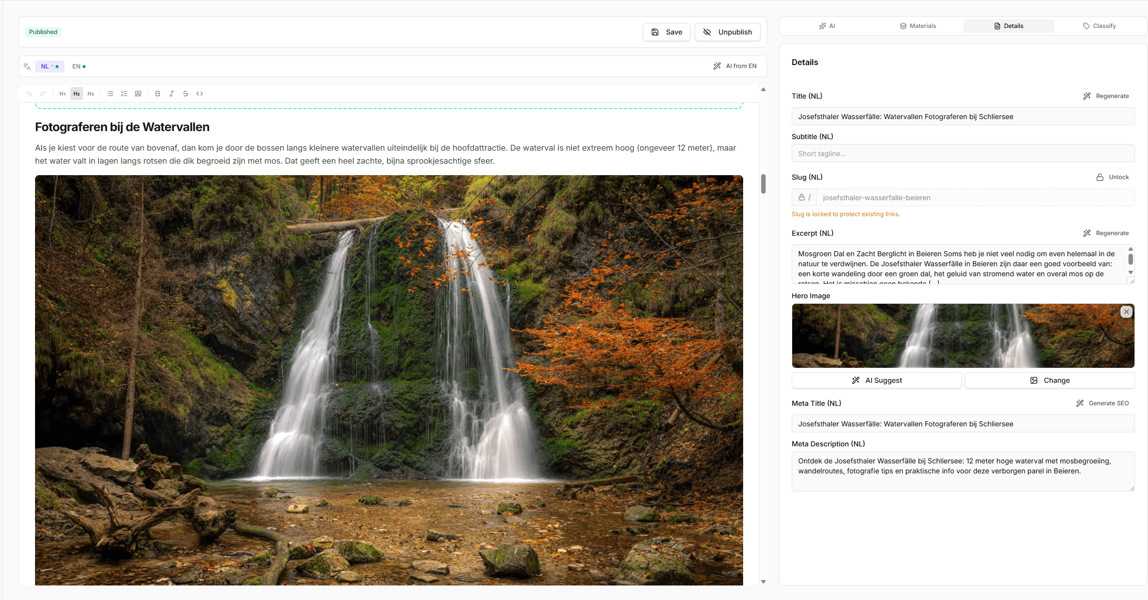 The same post, now in another language: the editor shows the translated text and photo, with the details panel and meta fields translated too.
