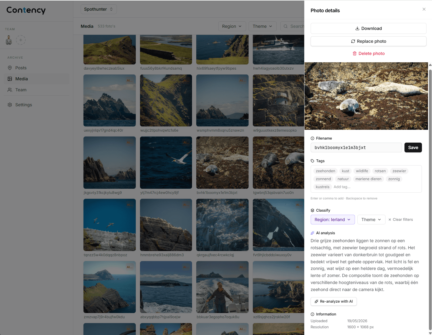 De Contency-mediabibliotheek — een raster met natuurfoto's en een detailpaneel rechts met tags, classificatie en AI-analyse.