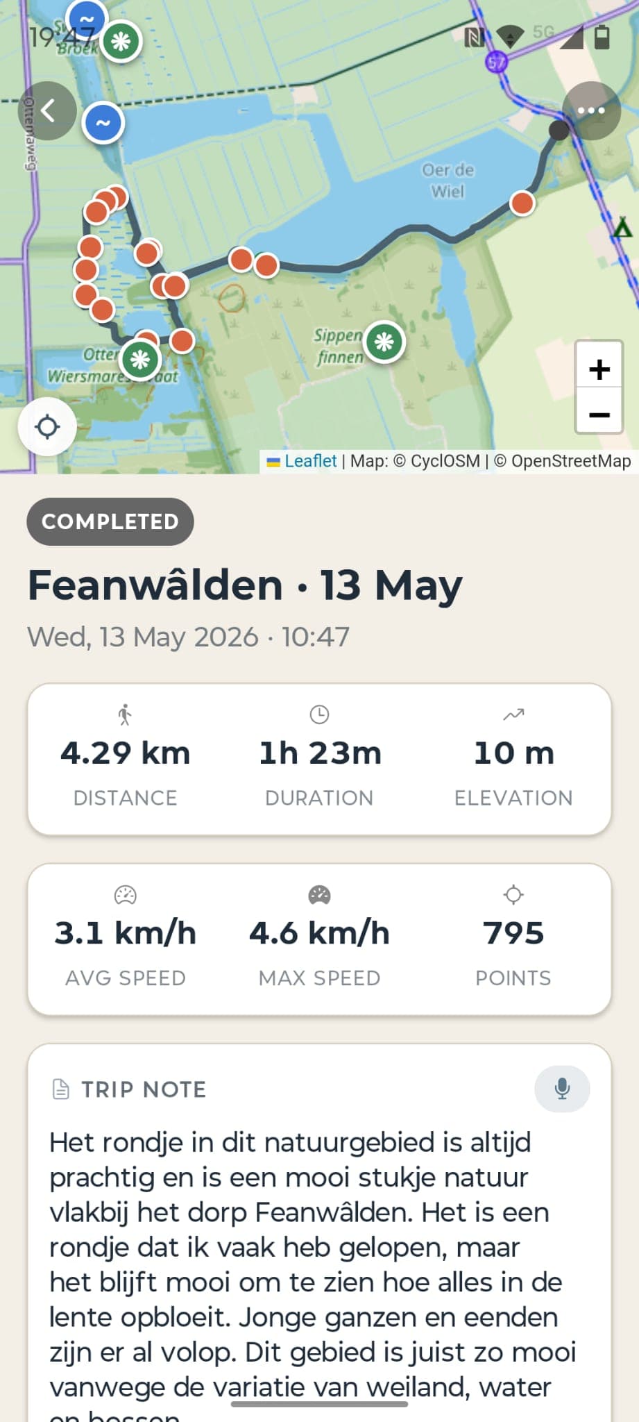 A completed trip in Field Notebook: the route on a map, distance and time stats, and the start of a trip note.