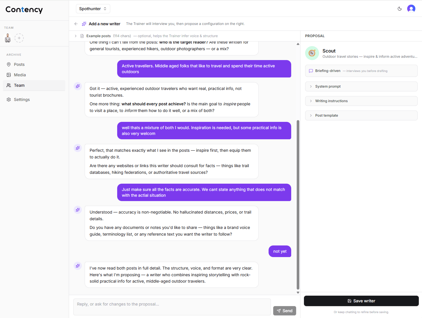 Training a new writer in the studio — a short conversation about your material, with the proposed writer configuration ready to save on the right.