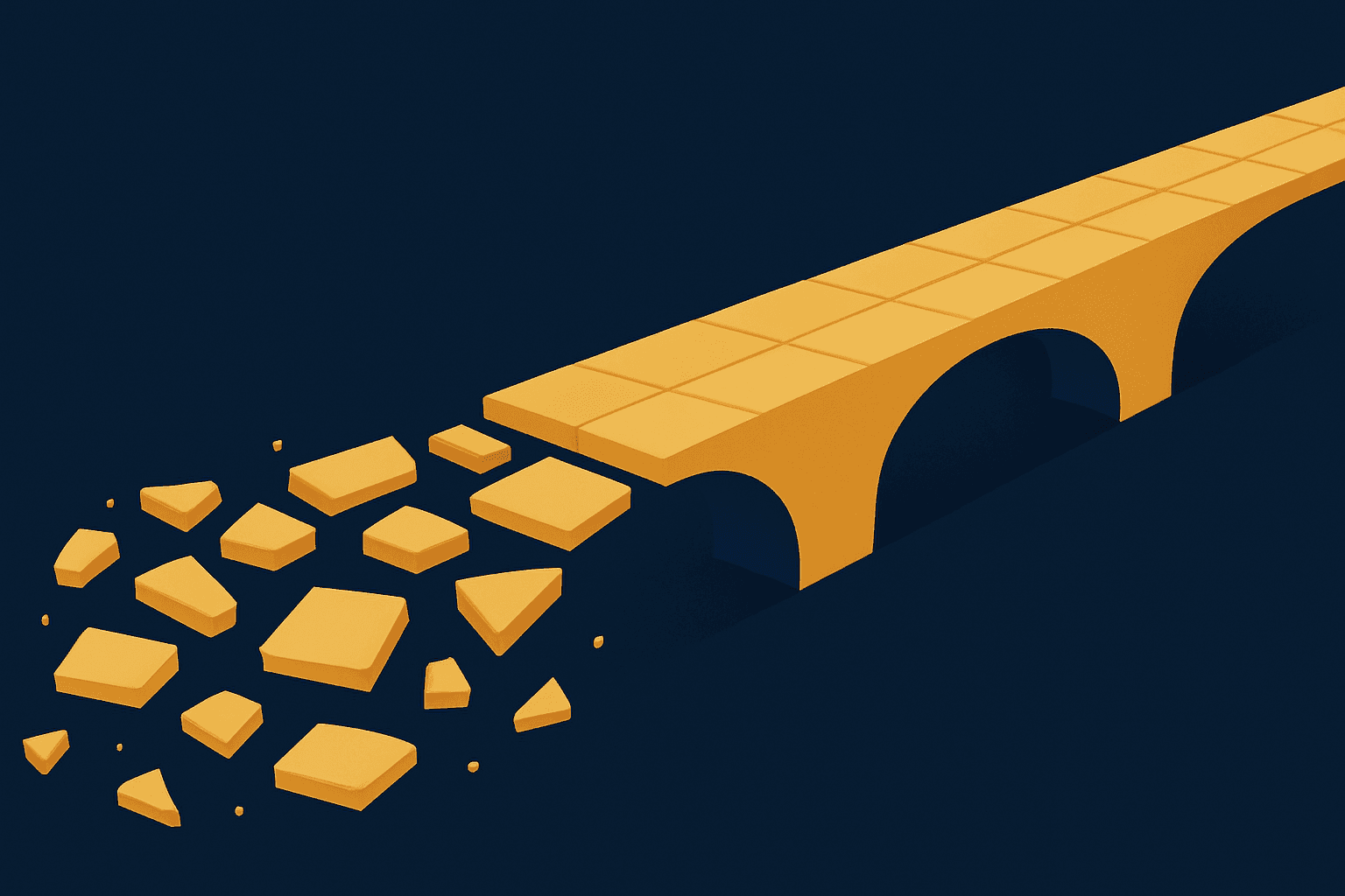 Isometrische illustratie van een gouden stenen brug waarvan het linkeruiteinde in losse brokstukken uiteenvalt op een donkerblauwe achtergrond.
