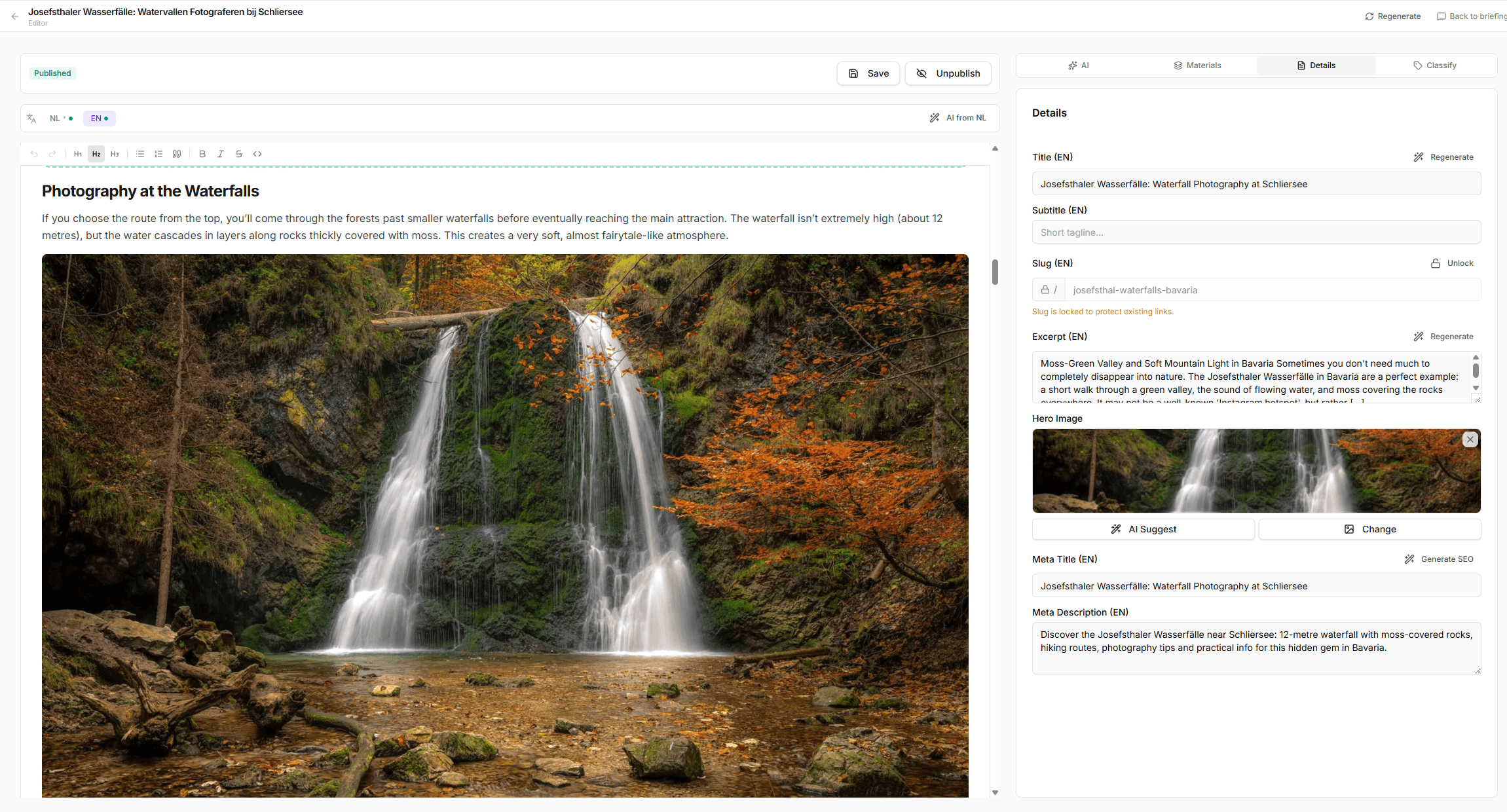 Wide waterfall in the Josefsthal near Schliersee in autumn, with multiple streams over moss-covered rocks surrounded by orange autumn colours.