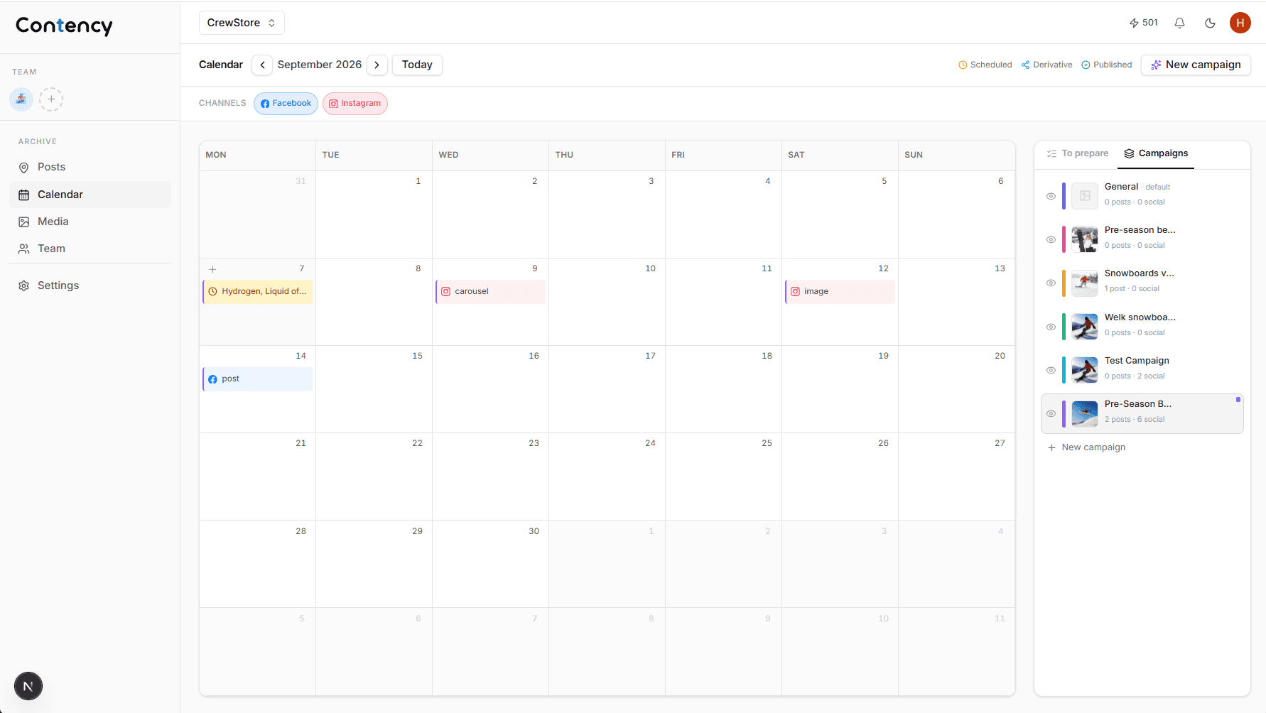 Screenshot of the Contency content planning calendar for September 2026 with campaign overview.